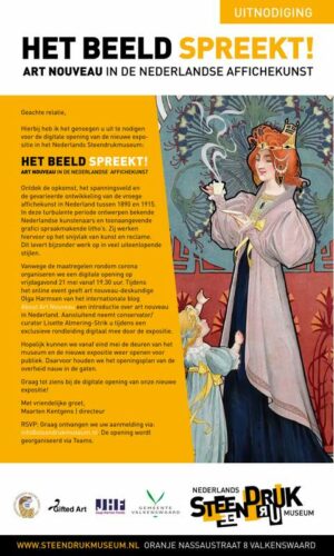 Lezing bij (digitale) opening van de tentoonstelling Het Beeld Spreekt over Art Nouveau affichekunst in Nederland. Inleiding door Olga Harmsen.